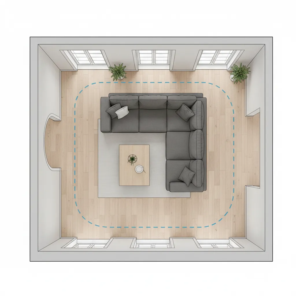 Interior layout showing correct furniture spacing and circulation paths in a living room floor plan