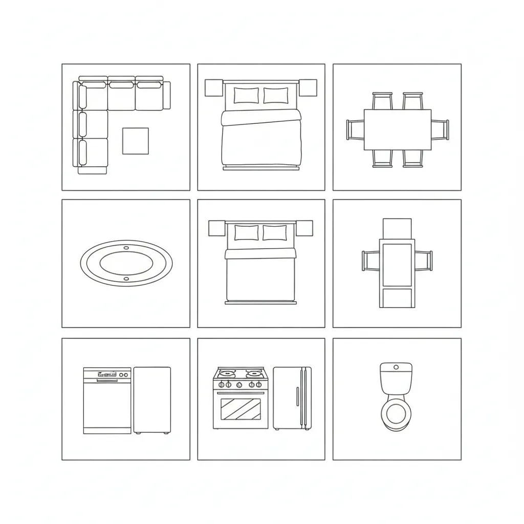 2D furniture and architectural symbol library used in floor plan drafting
