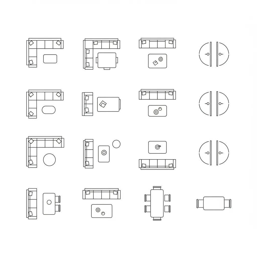 Collection of furniture and door symbols used for interior floor plan design