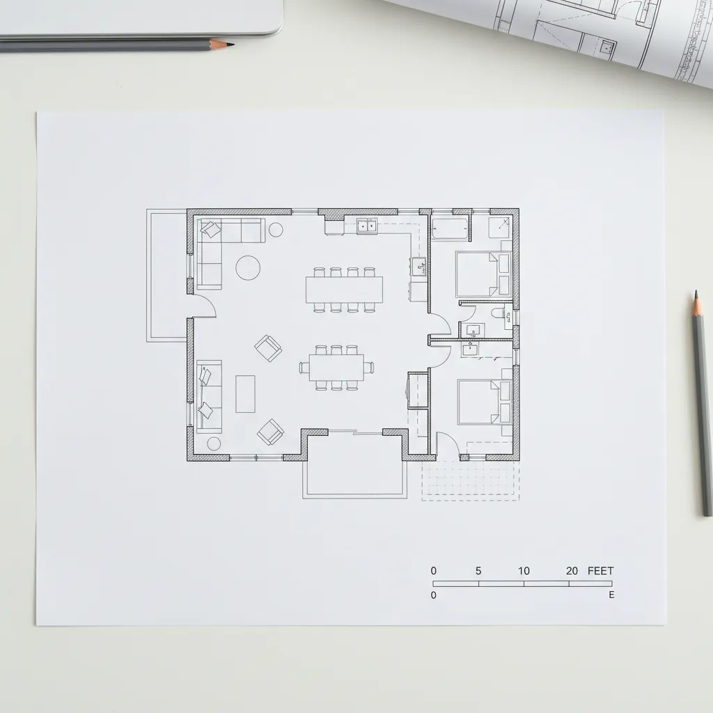 Printed architectural floor plan with a visible graphic scale bar and measurement markings