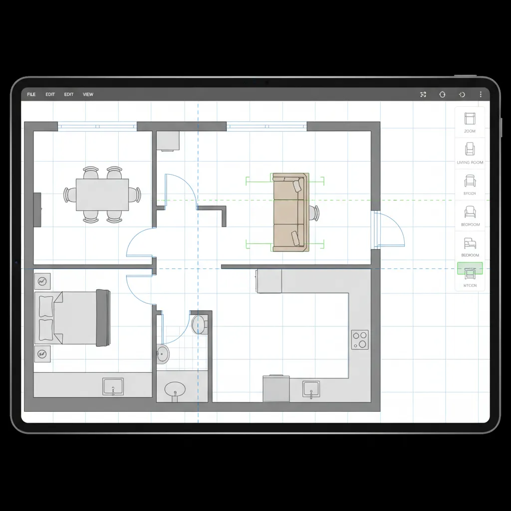 Floor plan creator grid snapping and alignment guides during layout editing