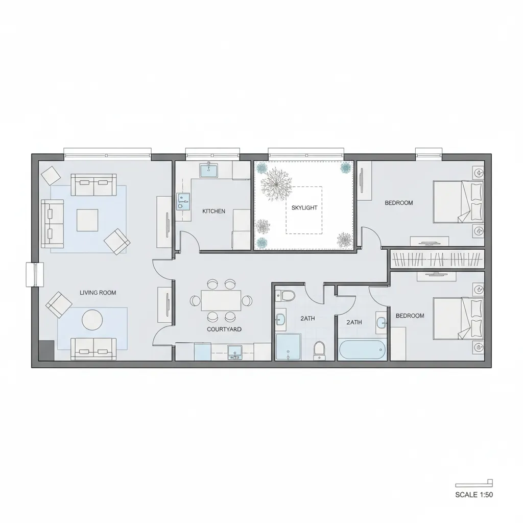 Bản vẽ mặt bằng nhà cấp 4 4x20 với phòng khách, phòng ngủ và bếp