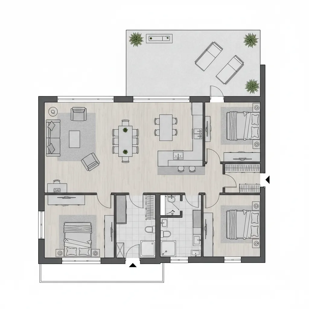 Plano arquitectónico de una casa de 5x20 metros con distribución longitudinal