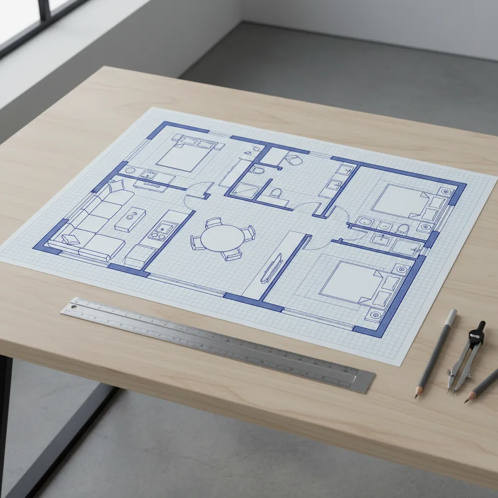 Blue line floor plan on a wooden desk with a metal ruler, pencils, and metal compass
