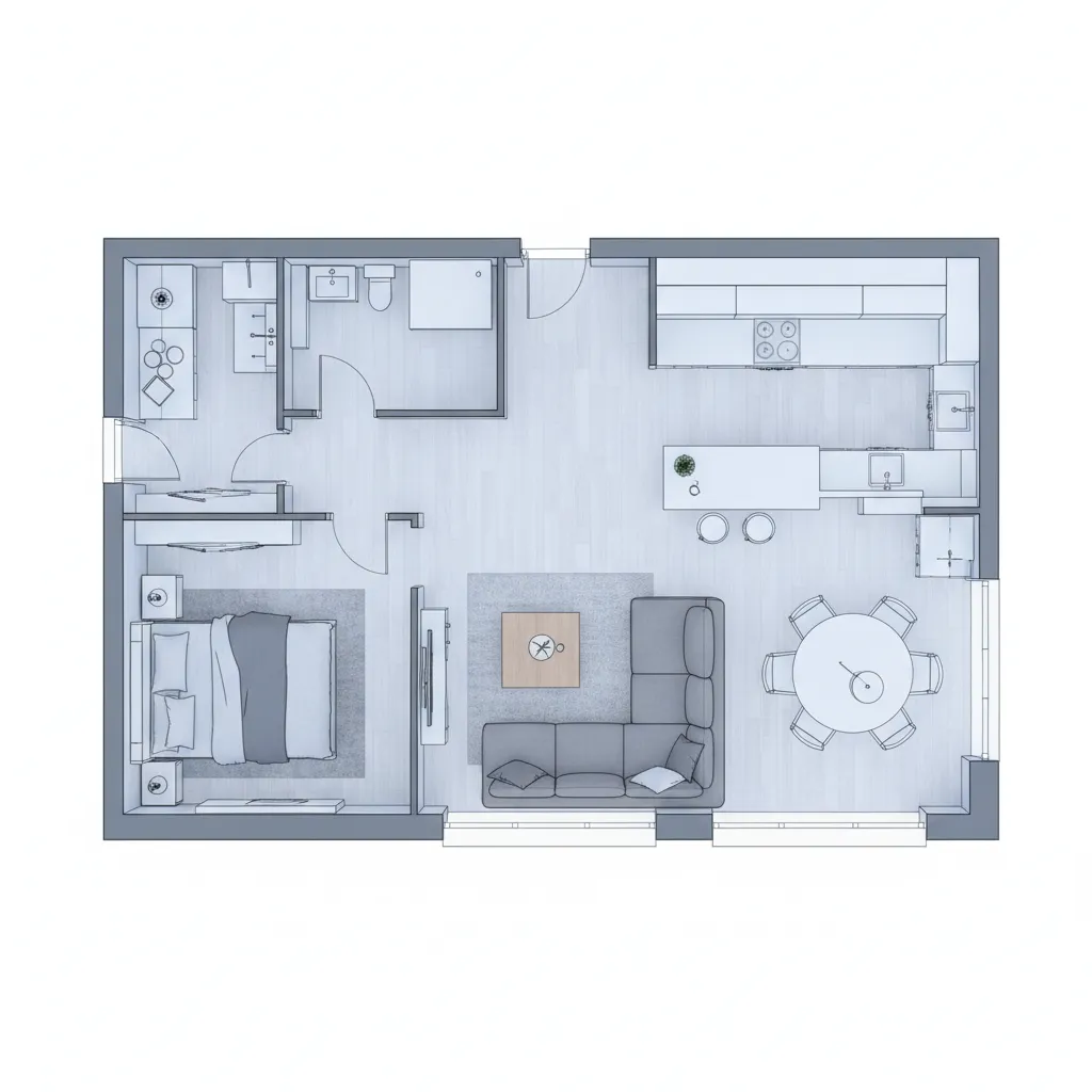 Plano de planta con distribución de muebles en un apartamento