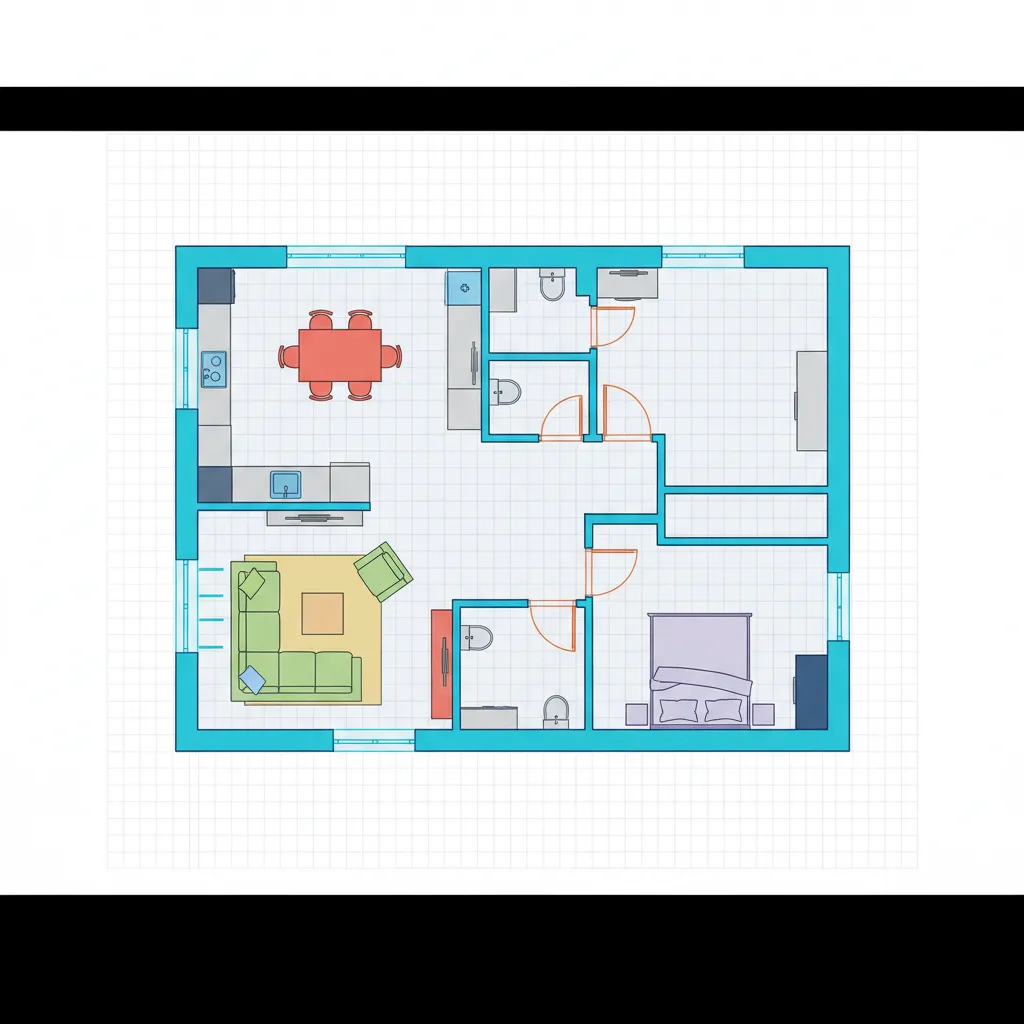 Colorful two bedroom apartment floor plan with furniture icons on a white grid design background