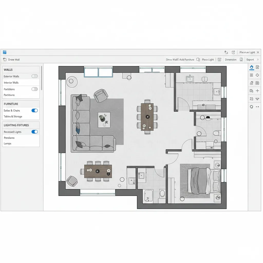 Floor plan software showing layers for walls furniture and fixtures