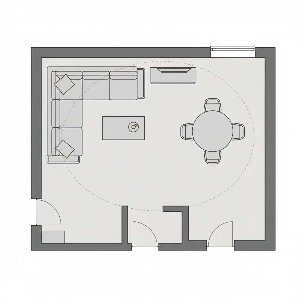 2D room layout floor plan with sofa dining table and walking paths