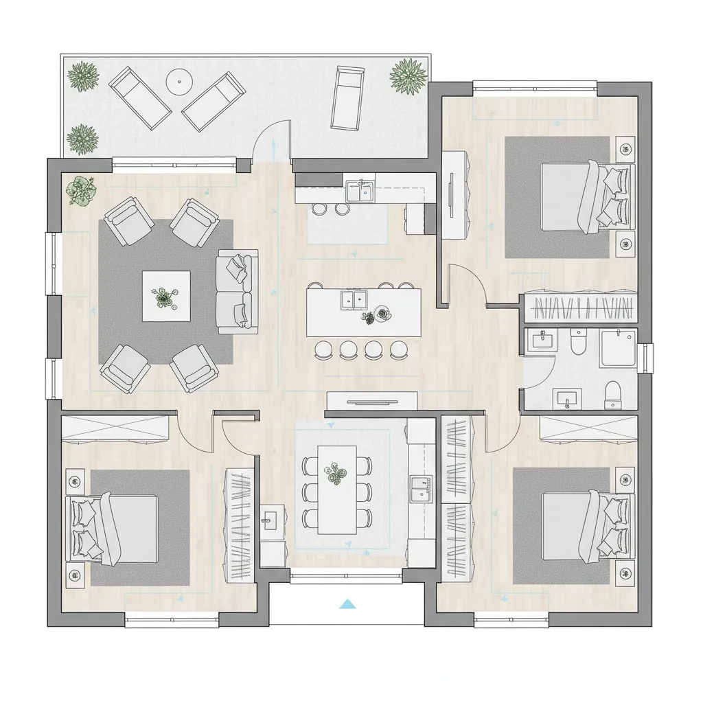 Architectural floor plan highlighting walking circulation space between furniture