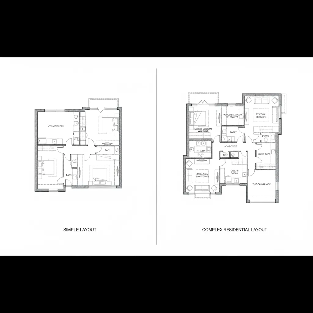 comparison of simple and complex residential floor plan layouts