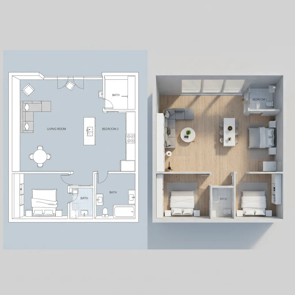 Comparison of simple and detailed floor plan layouts for home design