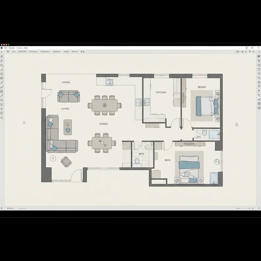 Detailed floor plan layout showing a two bedroom apartment with living dining and kitchen areas