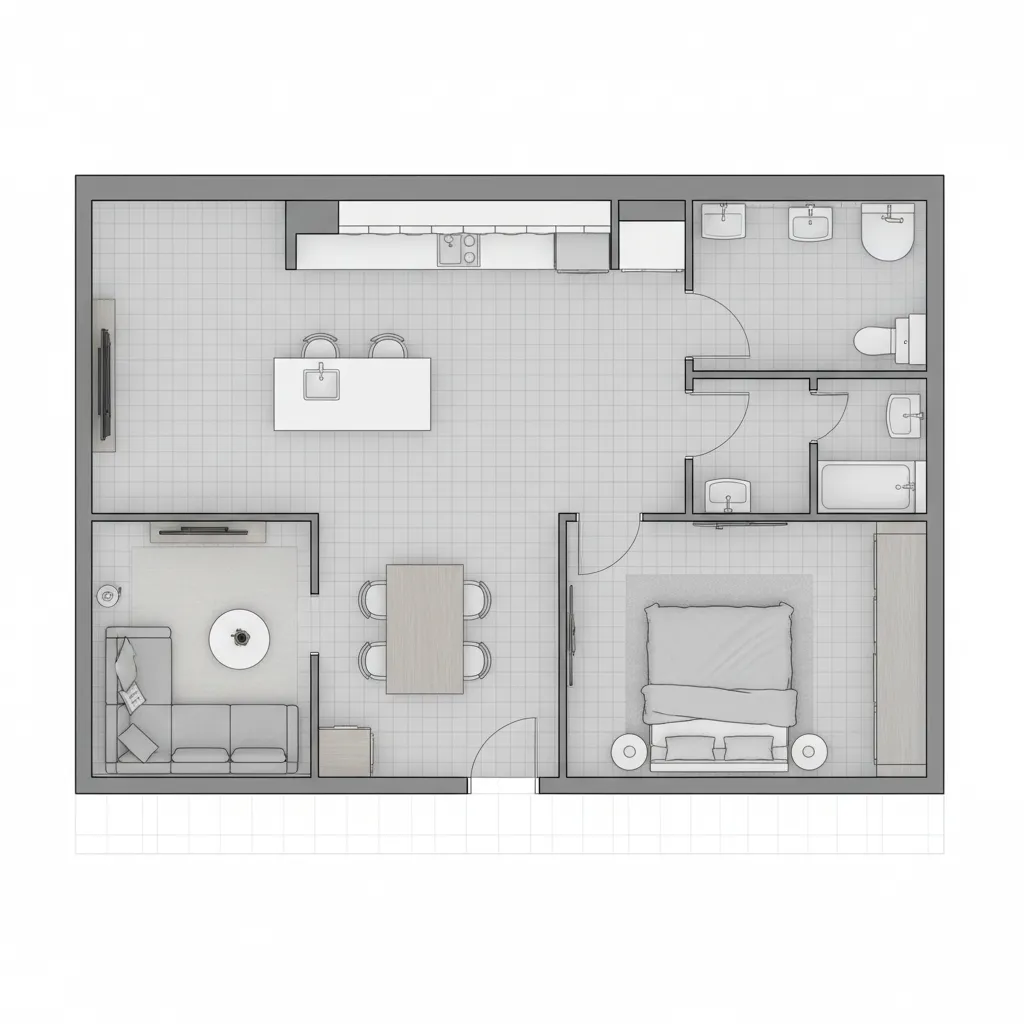 Digital apartment floor plan layout with furniture placement