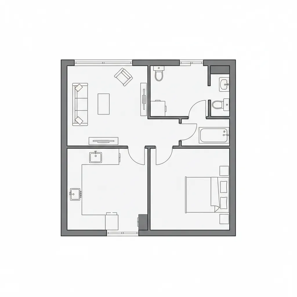 Example residential floor plan layout with living room kitchen and bedroom zones