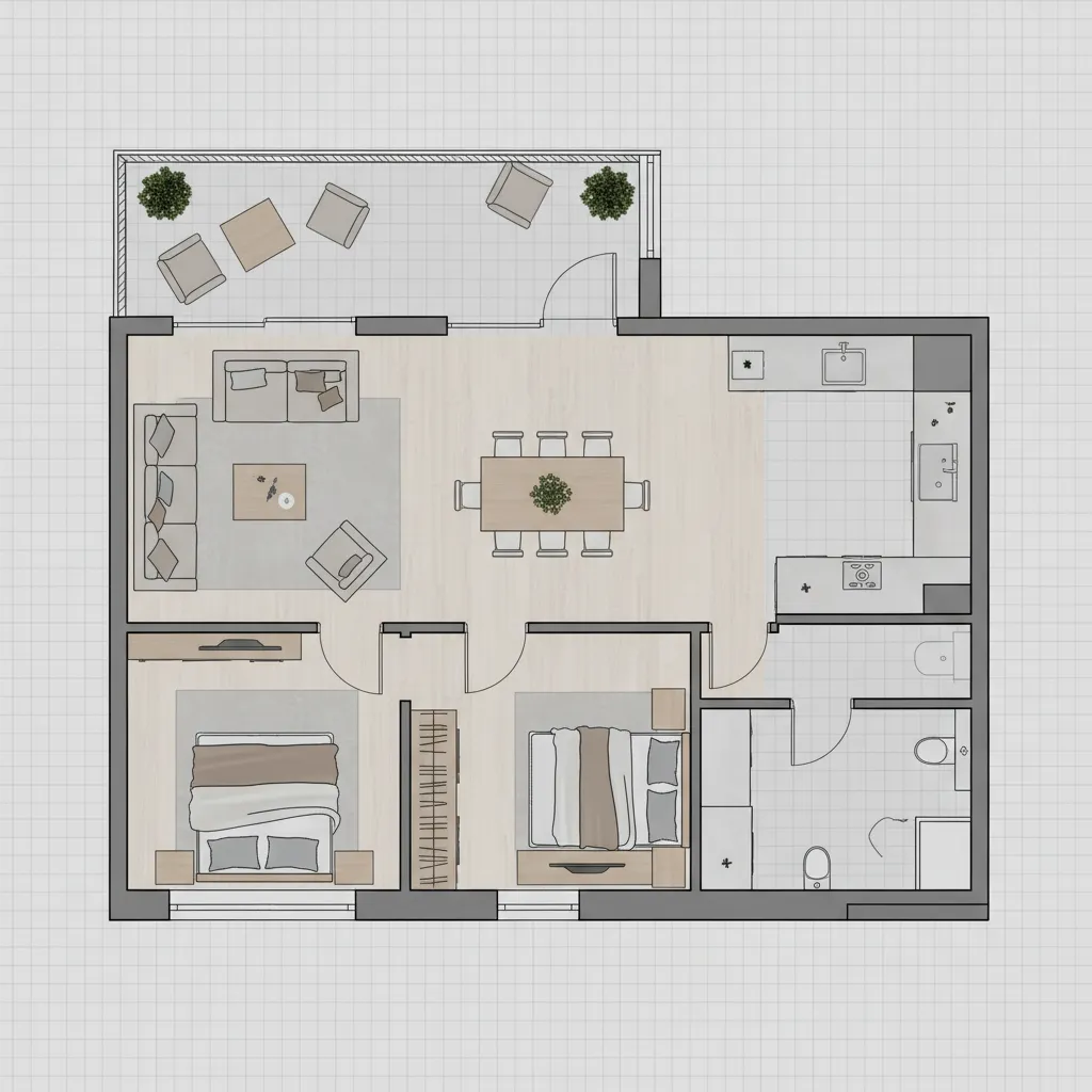 top view digital apartment floor plan layout with furniture placement