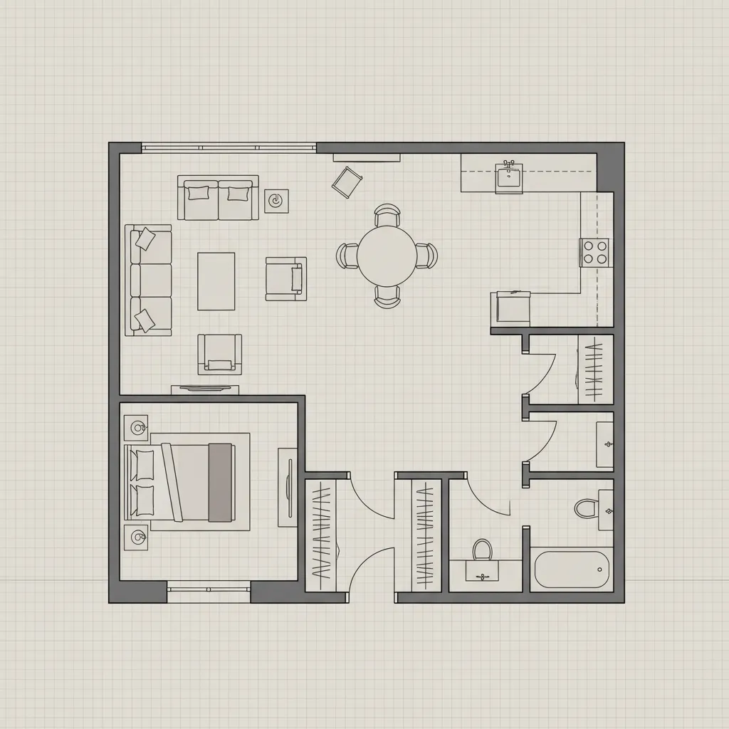 2D floor plan layout showing furniture placement and room dimensions