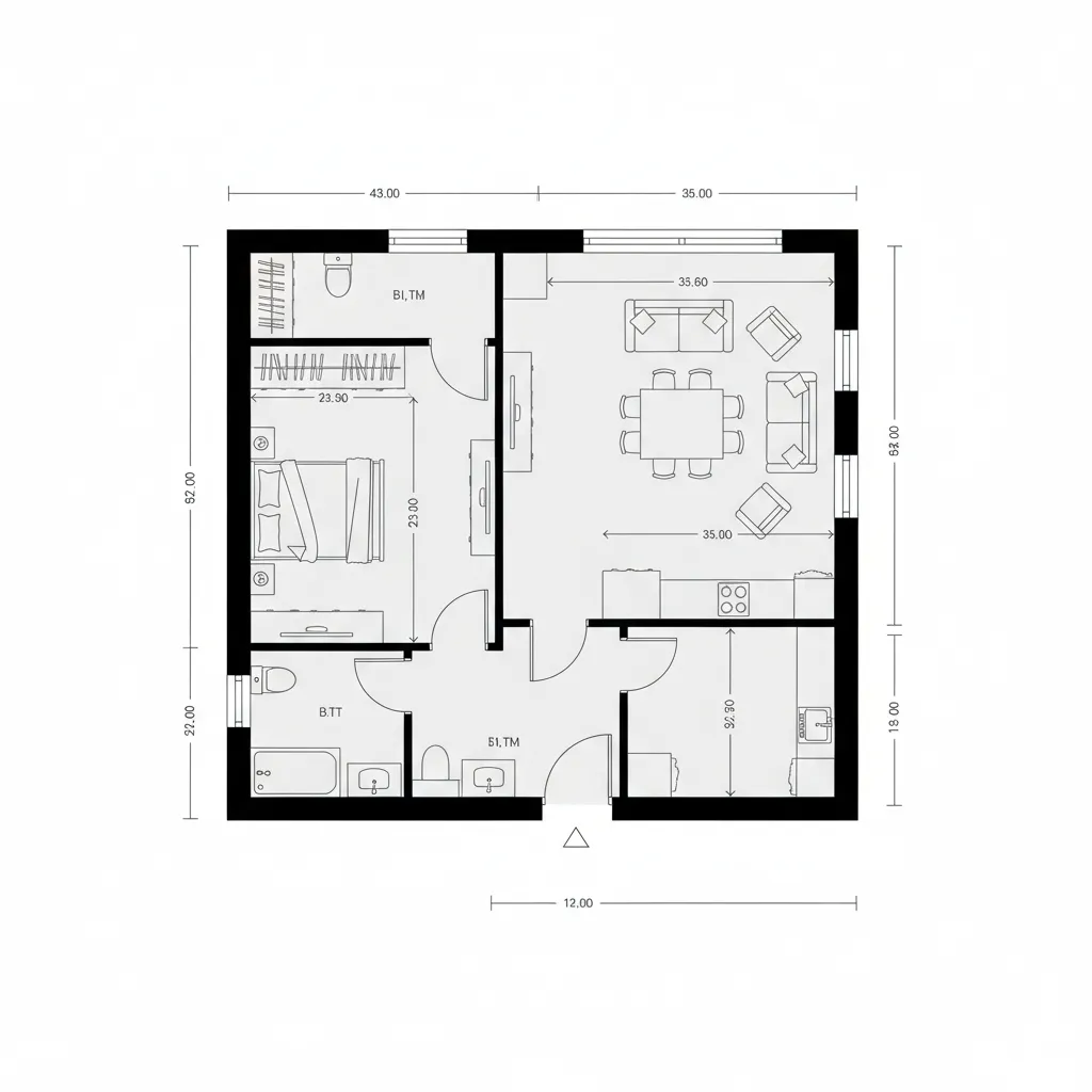 Digital 2D floor plan layout with walls furniture and measurements