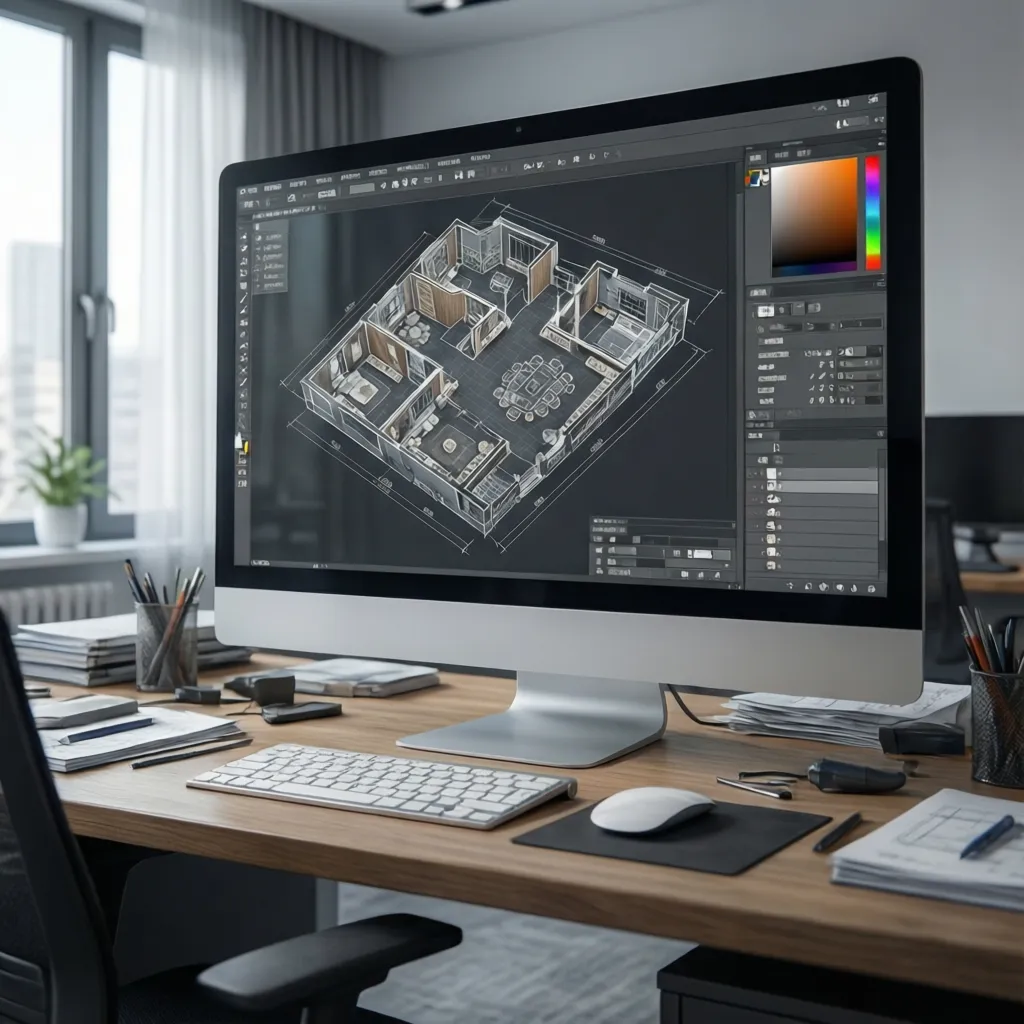 Computer monitor displaying a detailed interior design drawing and room layout on a wooden work desk