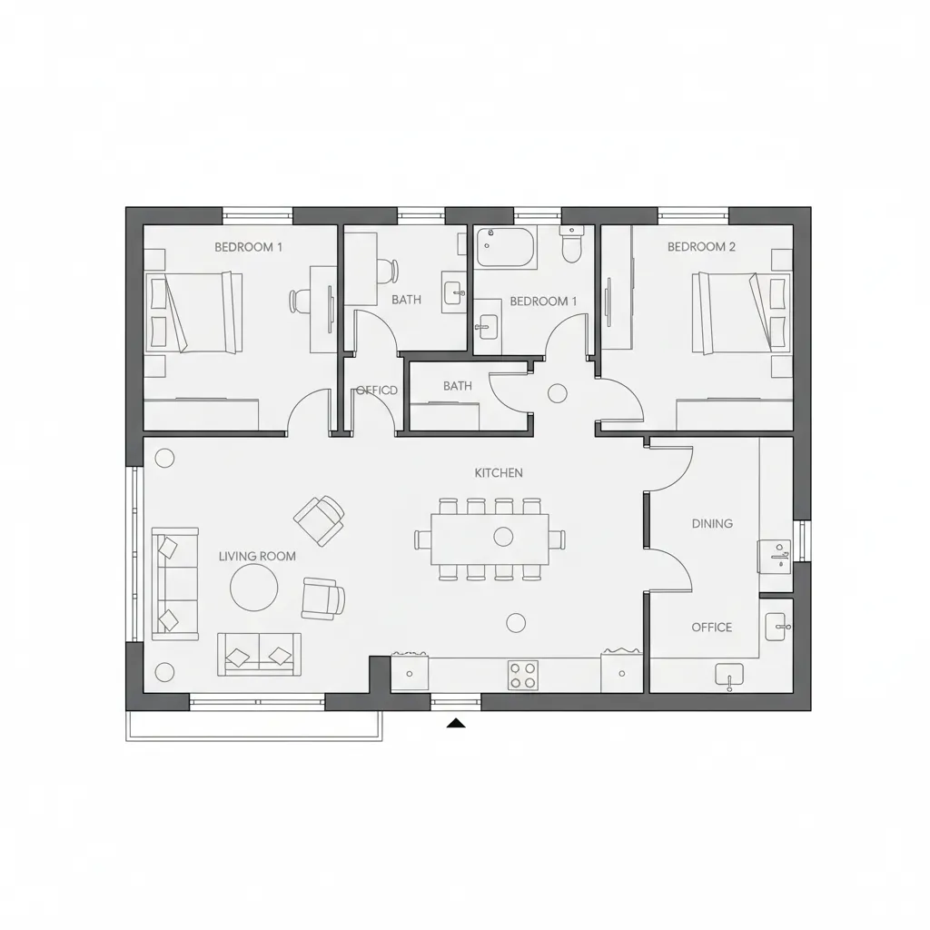 2D home floor plan layout showing room zoning and furniture placement