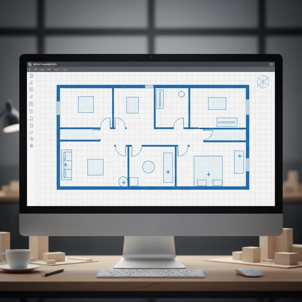 designer creating digital floor plan layout with walls and furniture blocks