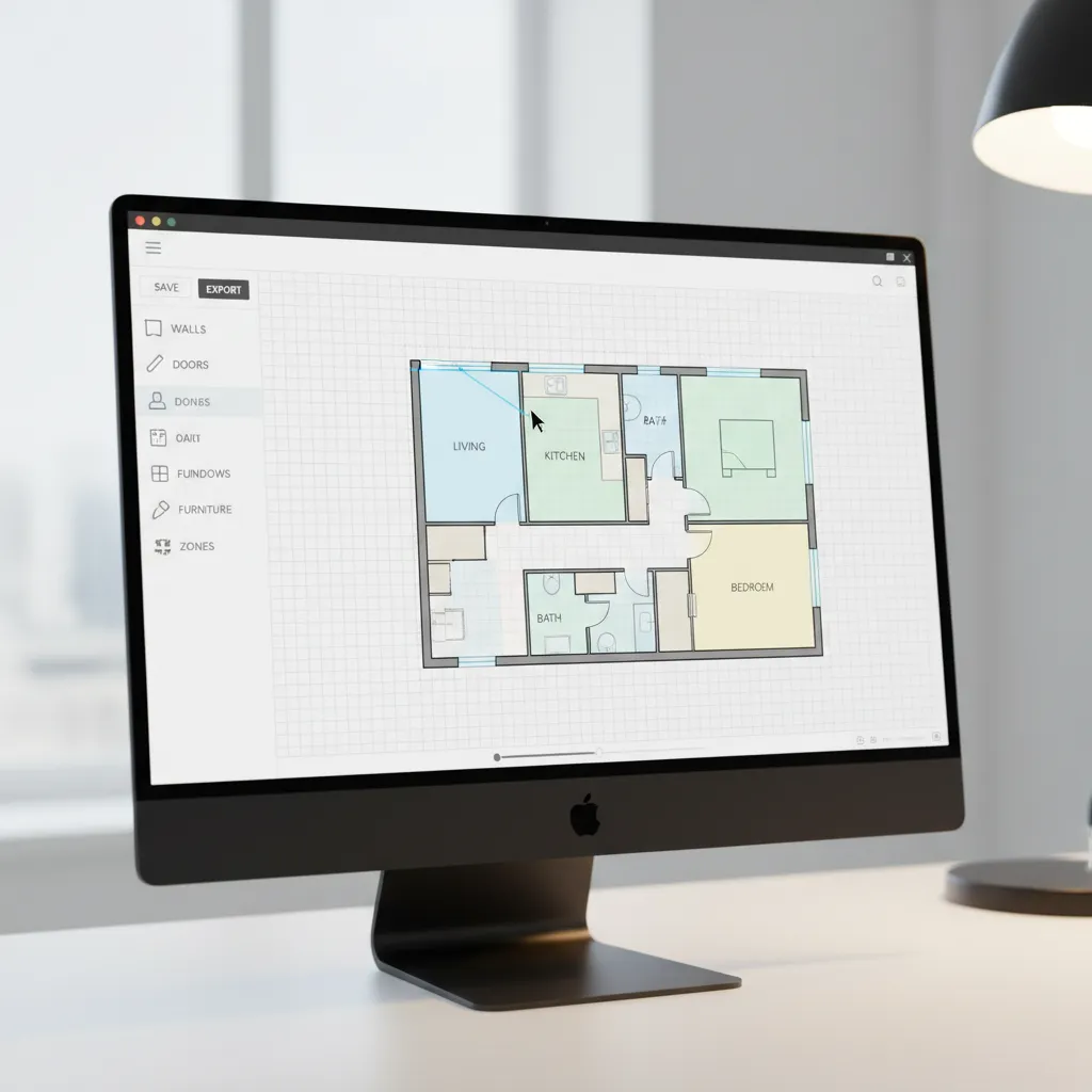 Designer arranging walls and rooms in a digital floor plan layout tool