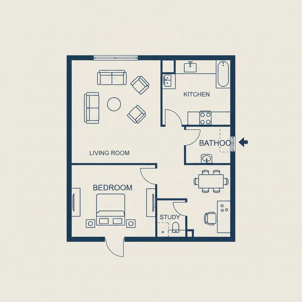 Digital floor plan showing walls doors and furniture layout