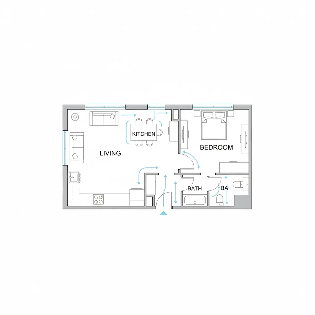 simple residential floor plan diagram showing circulation paths