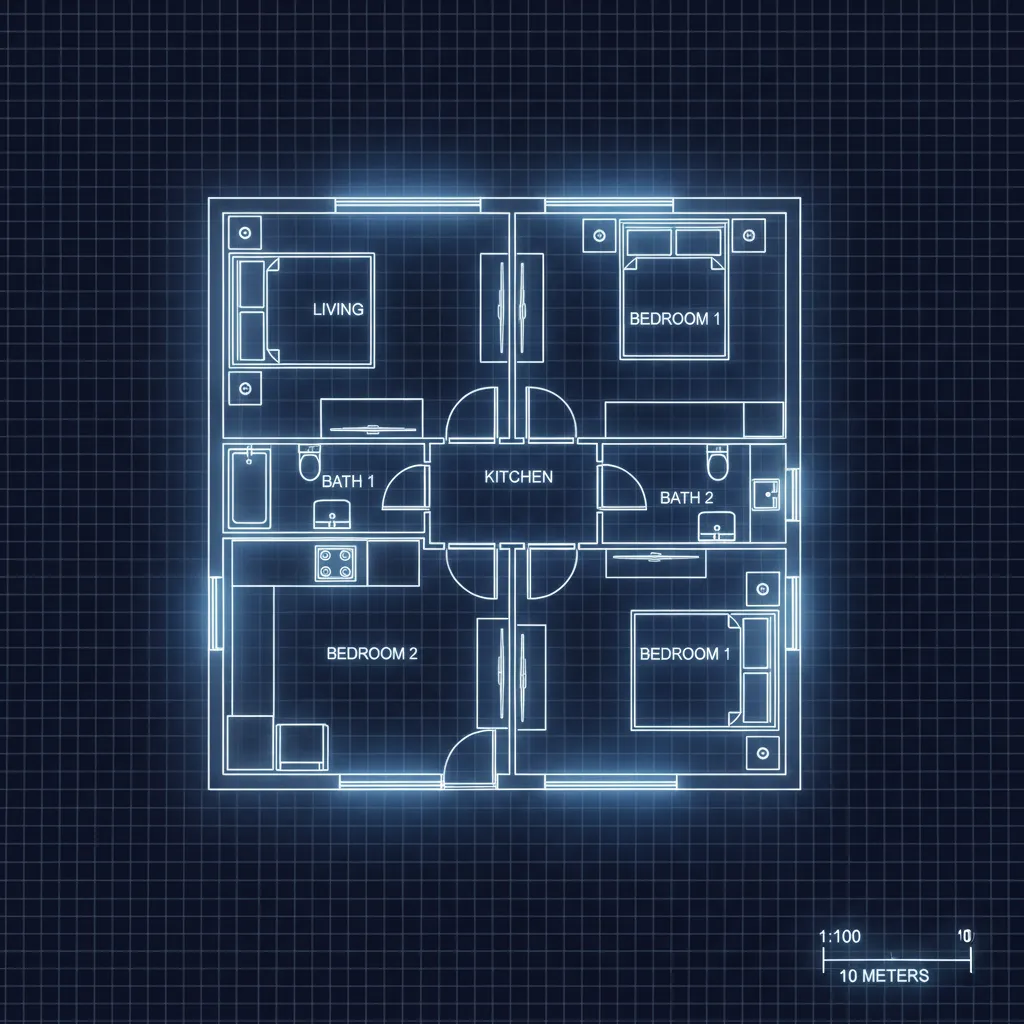 Digital grid interface showing walls rooms and doors in a floor plan creator