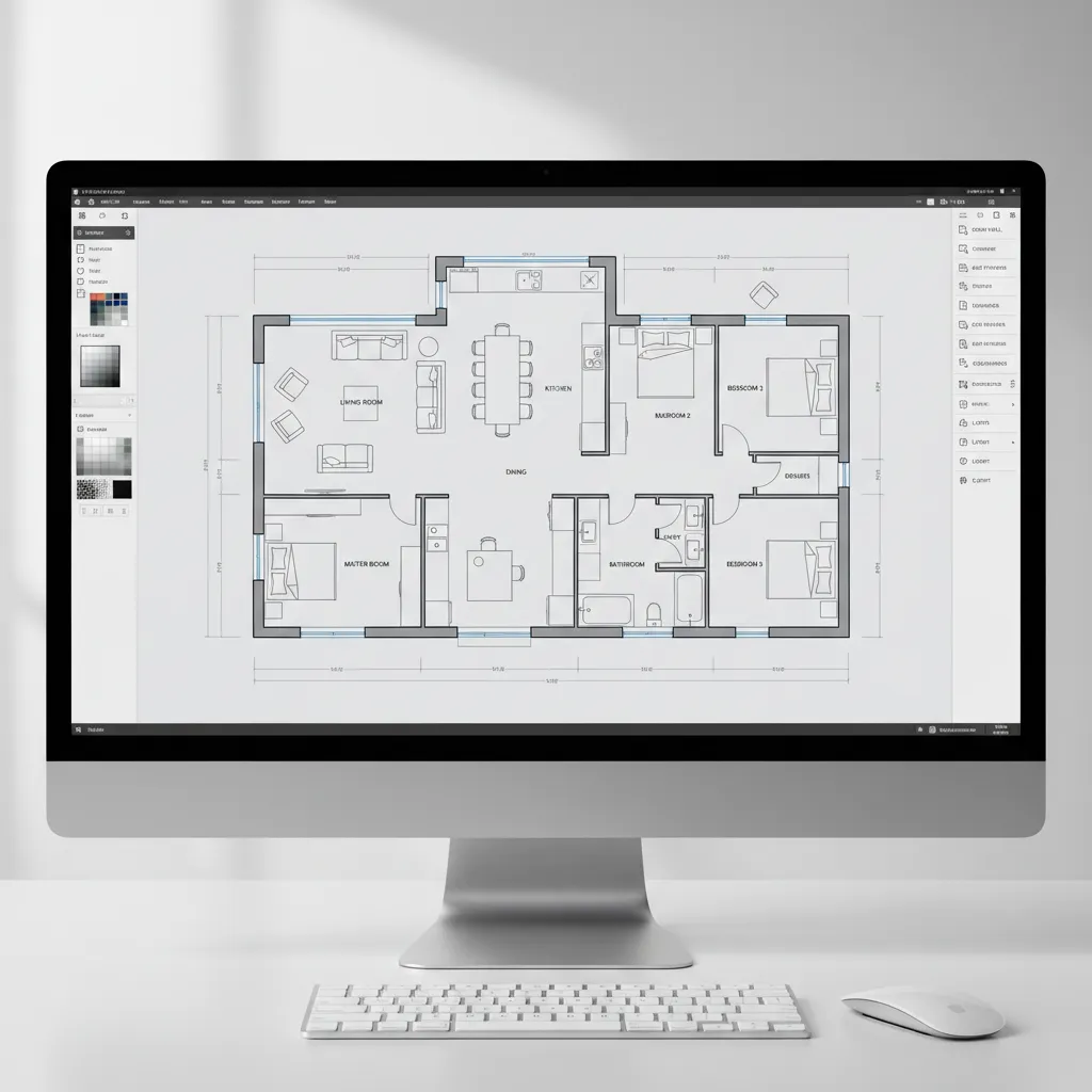 Digital floor plan layout interface with rooms furniture and measurements