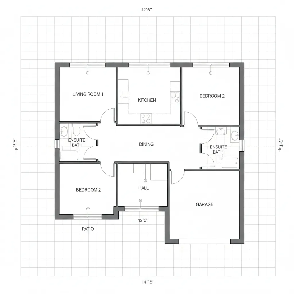 Digital floor plan grid layout showing rooms walls doors and measurements