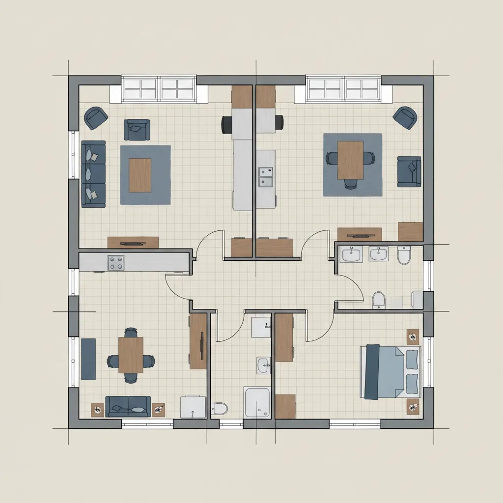 Digital floor plan layout with grid lines showing walls doors and furniture placement