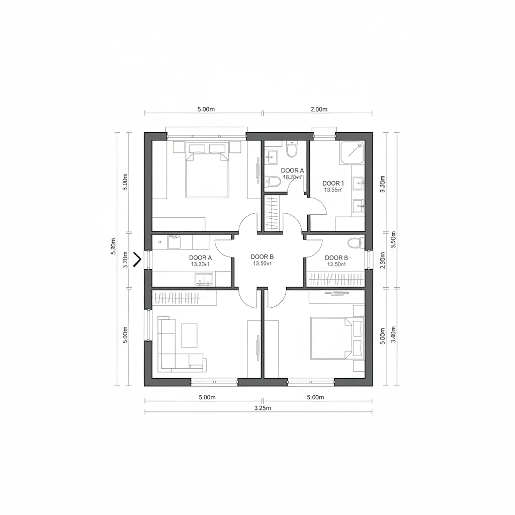 Simple floor plan diagram with measurements for walls, doors, and windows