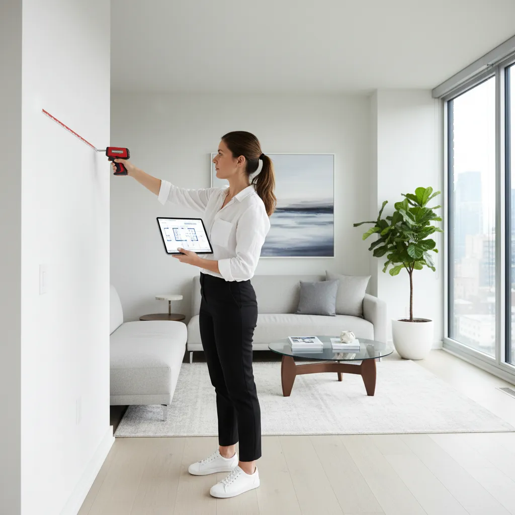 designer measuring room layout and sketching a 2D floor plan on tablet