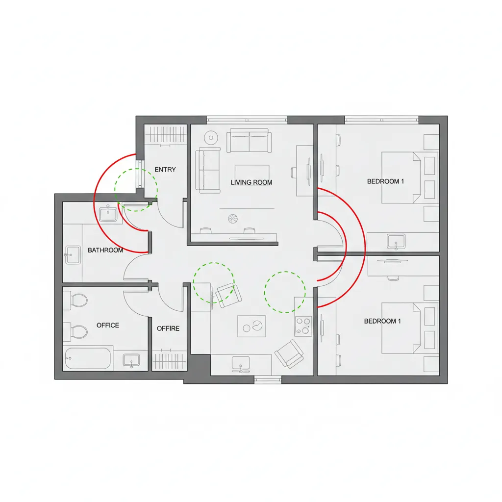 example floor plan showing door swing and furniture clearance issues