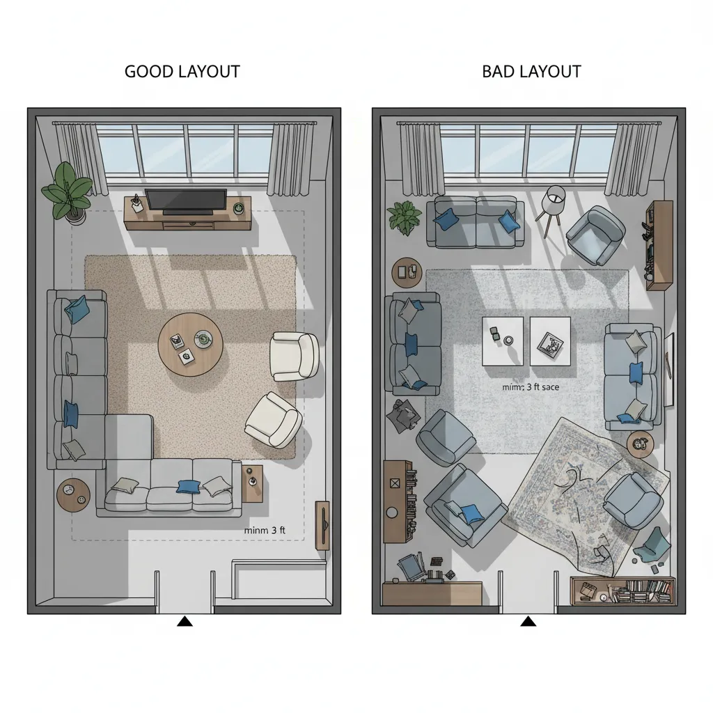 comparison of good and bad living room floor plan layouts