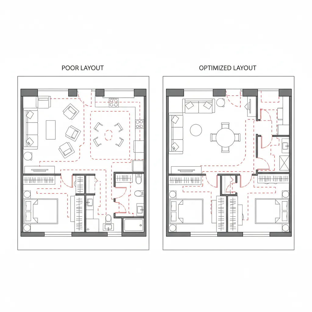 Comparison of a poor furniture layout versus an optimized room layout for a small apartment home