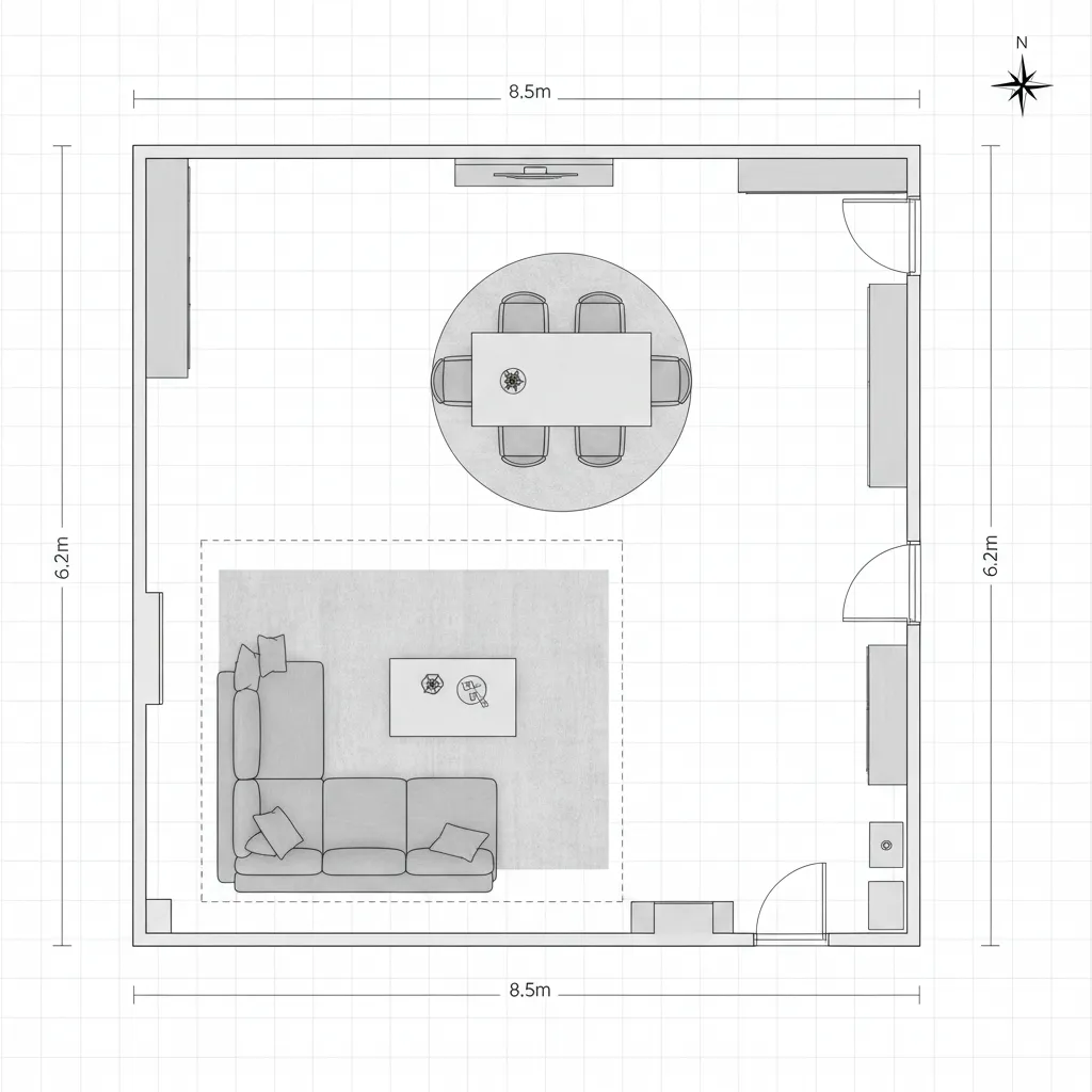 Digital floor plan layout with furniture placement and room measurements