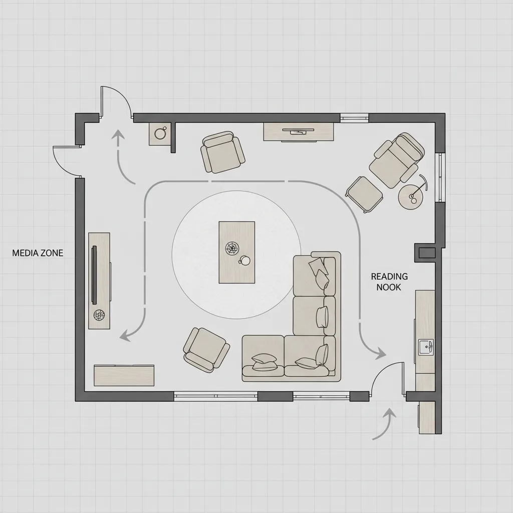 floor plan layout showing zones circulation paths and furniture placement