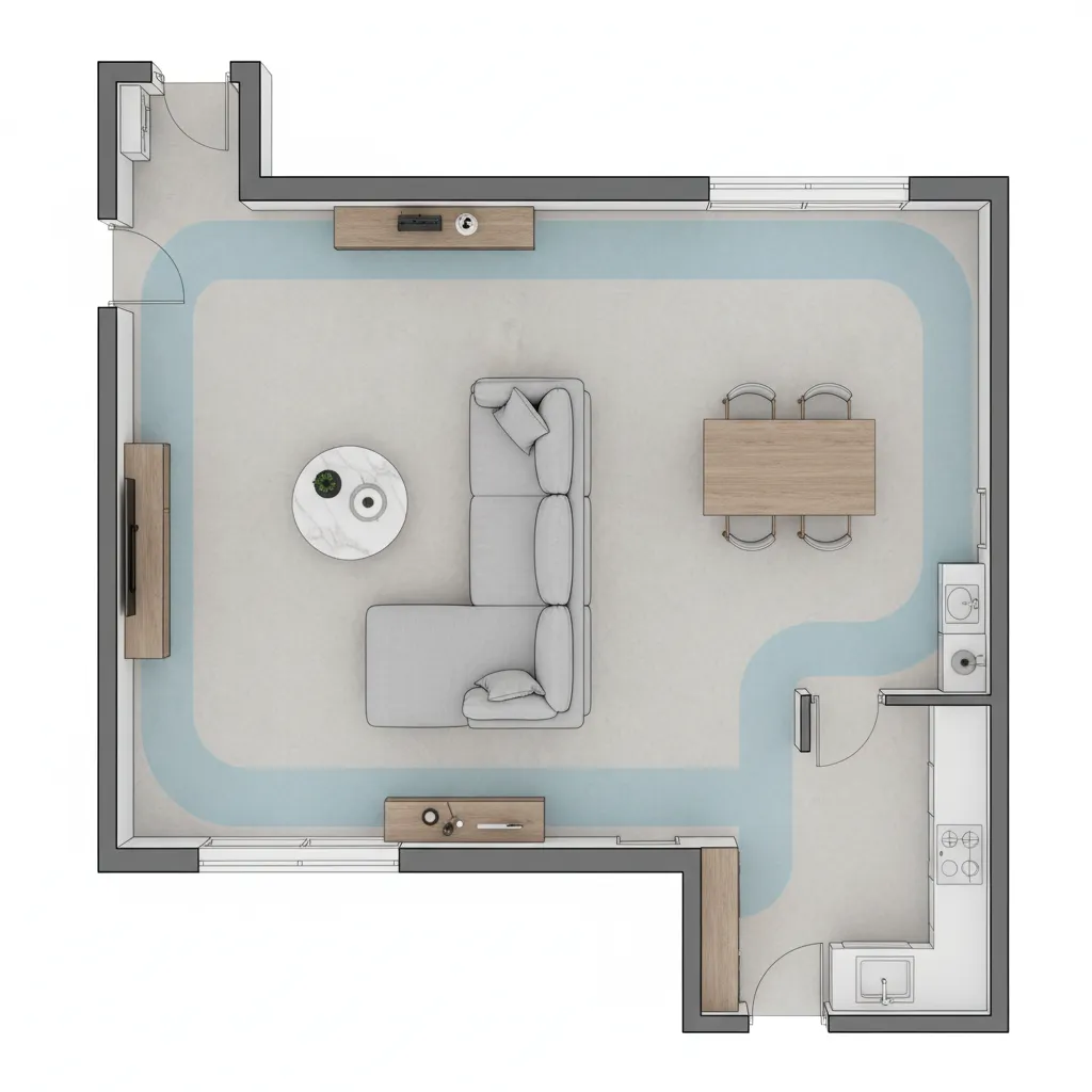 Interior floor plan highlighting furniture zones and circulation paths