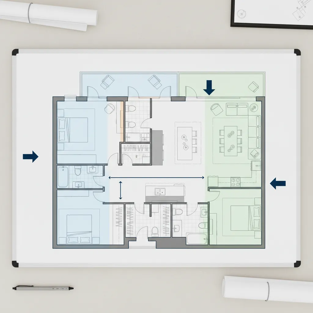 Interior layout zoning diagram showing circulation paths in a floor plan