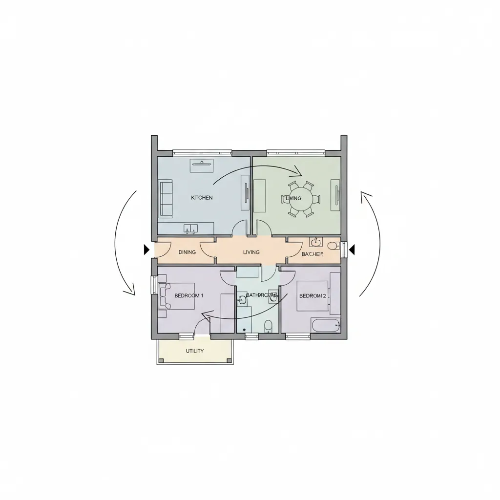 Home floor plan layout diagram showing room zones and circulation paths