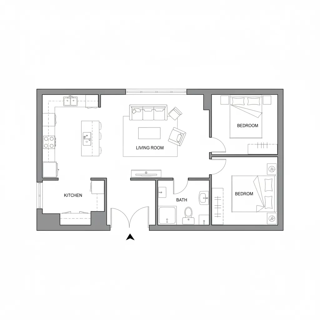Clean digital floor plan layout showing living room kitchen and bedroom zones
