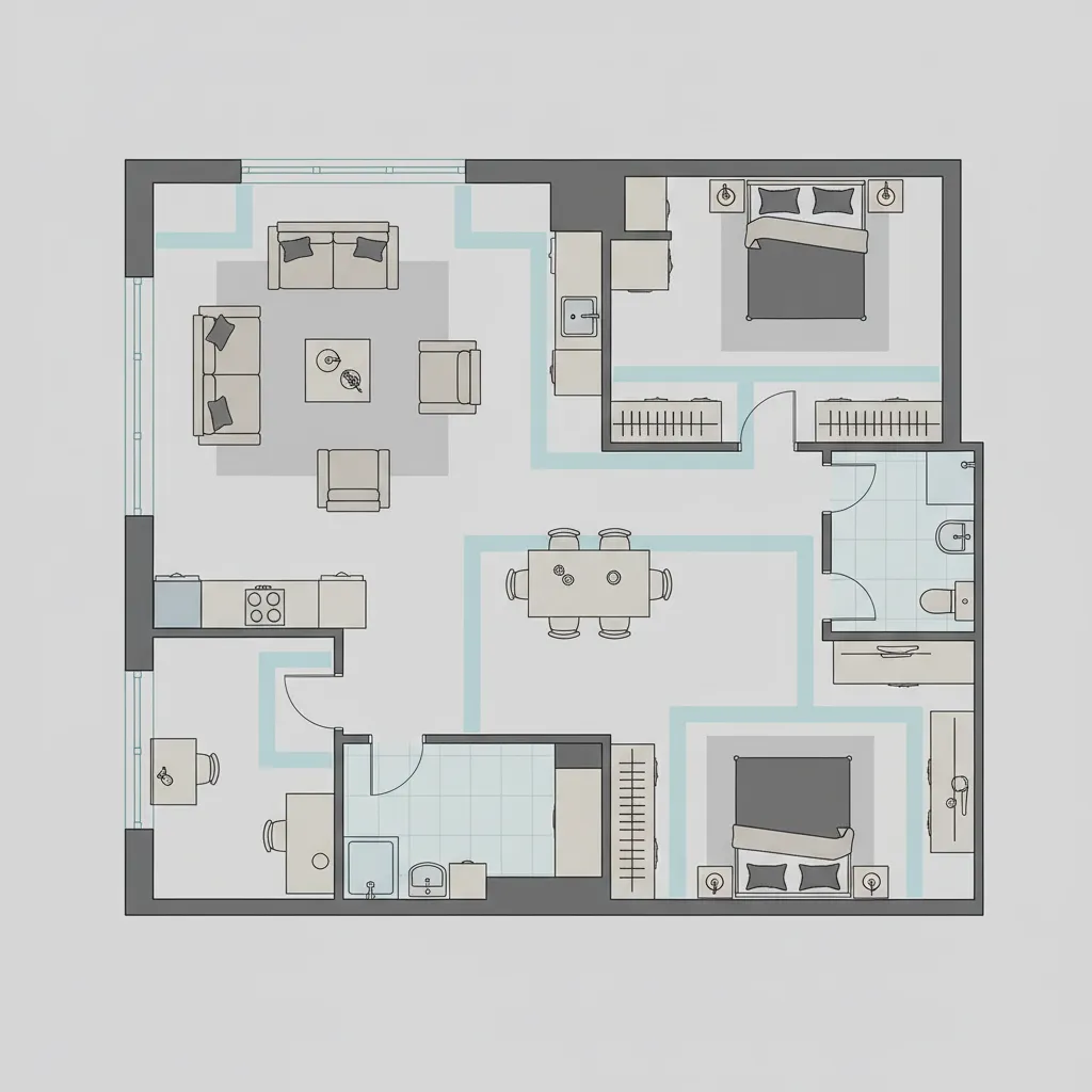 2D floor plan showing furniture zones and walking paths
