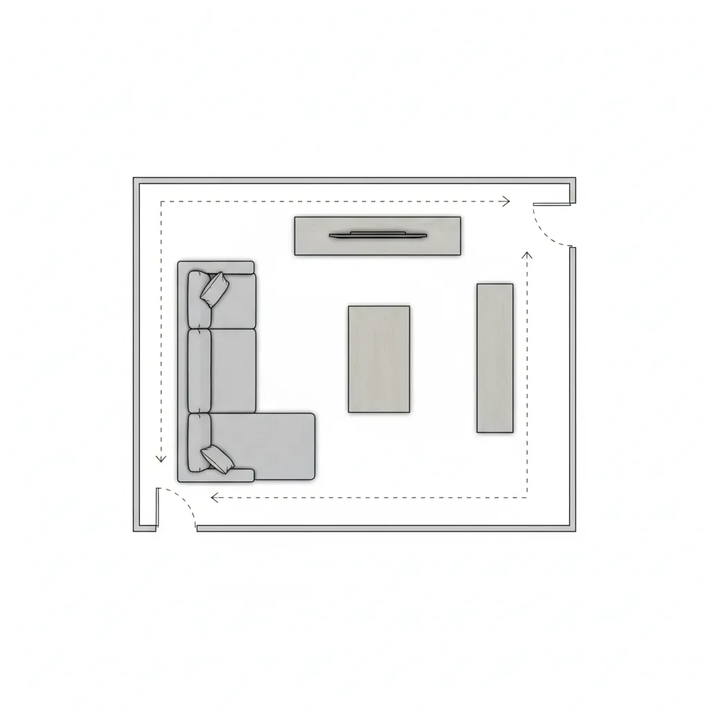 2D floor plan showing living room zones and furniture arrangement