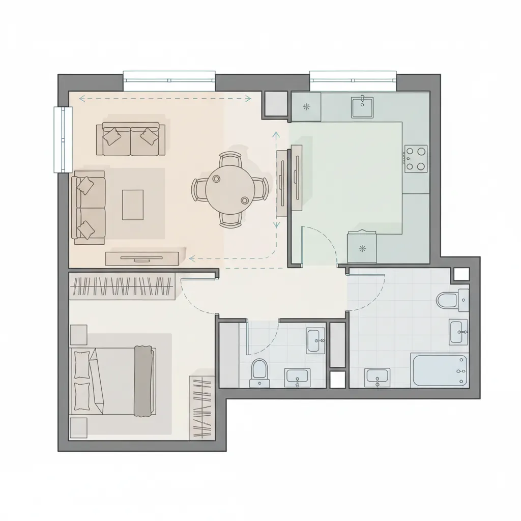 simple apartment floor plan layout showing circulation paths and zoning areas