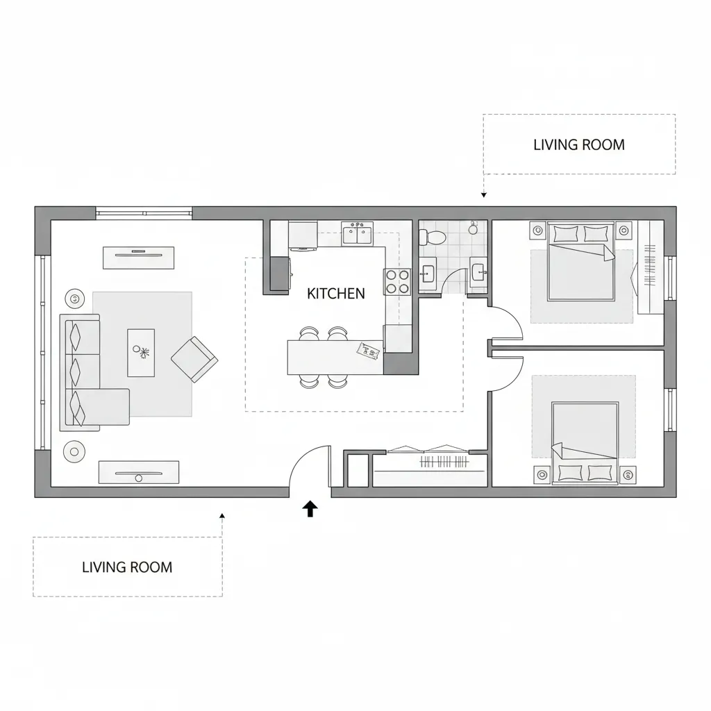 2D apartment floor plan showing furniture placement and circulation paths
