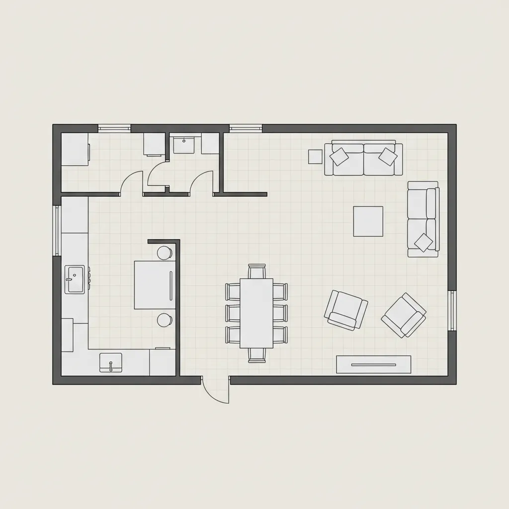 Digital floor plan showing room zoning and furniture placement layout