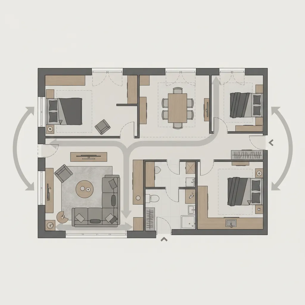 home layout zoning example showing furniture placement and walkway spacing