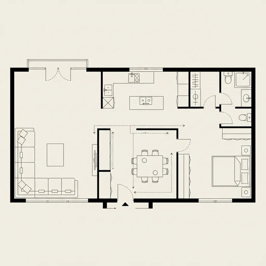 2D home layout diagram showing living room kitchen and bedroom zoning