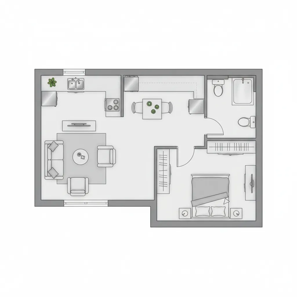 Simple residential floor plan layout showing furniture zones and room measurements